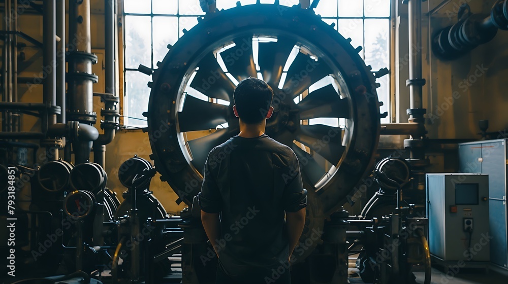 Poster focused engineer analyzing precision machinery in industrial setting, harnessing innovation for opti