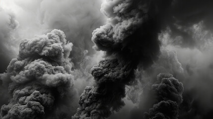 A monochrome photo showing a cloudy grey sky with cumulus clouds emitting smoke, capturing a unique meteorological and geological phenomenon in the atmosphere