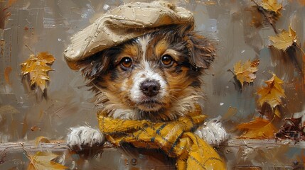   A painting of a dog wearing a hat and a yellow scarf around its neck