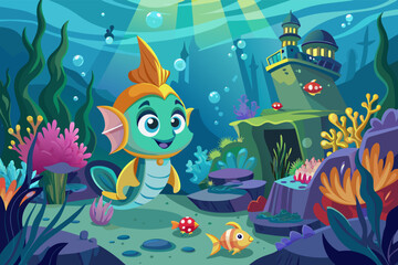 Fototapeta na wymiar A cartoon character underwater in an enchanted kingdom