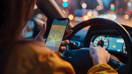 Woman uses navigation or gps mobile smart phone while driving, sat nav, bokeh lights