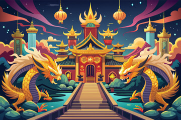 A celestial palace with golden dragons and lanterns