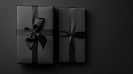 A stark black background features a single oversized abstract shape in a contrasting white. A minimalist gift box with a thin black ribbon completes the design
