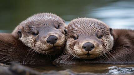 Obraz premium Two cute otters close-up with clear detail on their wet fur, whiskers, and fun loving expressions as they float in water