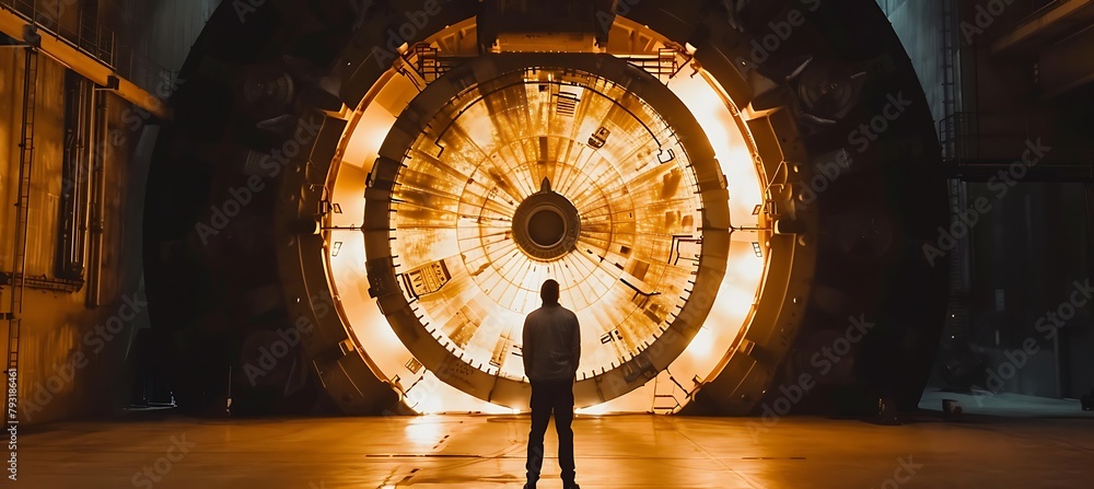 Poster focused engineer analyzing precision machinery in industrial setting, harnessing innovation for opti