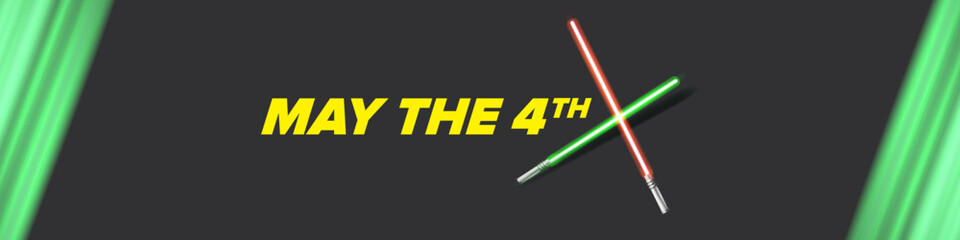 May the 4th vector illustration with glowing light saber on dark space background without stars. May the 4 banner design template with laser sword - obrazy, fototapety, plakaty