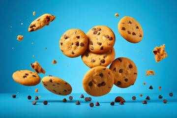 A few cookies and chocolate chips flying in the air, with solid color background, light blue gradient background, studio lighting, food photography, and highdefinition details