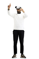 Man, full-length, on a white background, wearing VR glasses