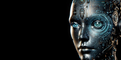 A futuristic image of a metallic robot with glowing blue eyes and circuit board skin.