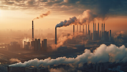A wide aerial view of the city skyline, with tall industrial chimneys emitting thick smoke and clouds into the sky at sunrise. 
