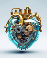 Realistic photo of a mechanical heart with transparent glass and metal parts, light background, bright colors, intricate details,hyperrealism, white studio background