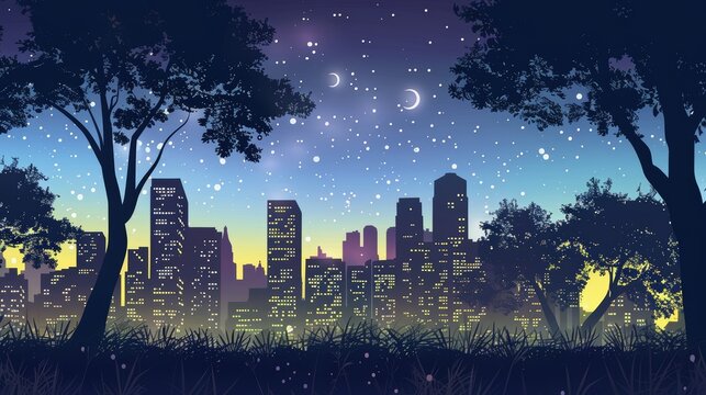 Stylized cityscape silhouette with trees against a starry night sky. Urban nature and tranquility concept