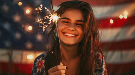 happy young woman holding a sparkler with the American flag in the backdrop