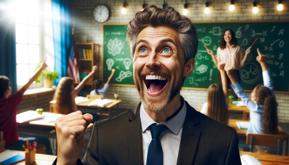 happy smiling teacher over classroom background. professions, education, people concept