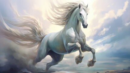 Mystical and powerful, a white horse runs with vigor against a fantasy-like backdrop, invoking a sense of wonder