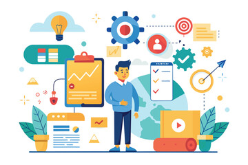 Man Standing in Front of Clipboard Surrounded by Icons, Implementation of business projects and business development, Simple and minimalist flat Vector Illustration