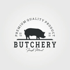 butcher pork logo vector vintage illustration, fresh meat pork for sale