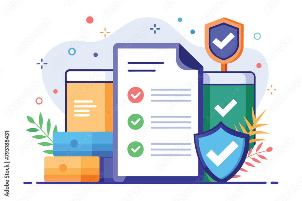 Poster a checklist with a shield underneath and another shield resting on top, symbolizing enhanced documen