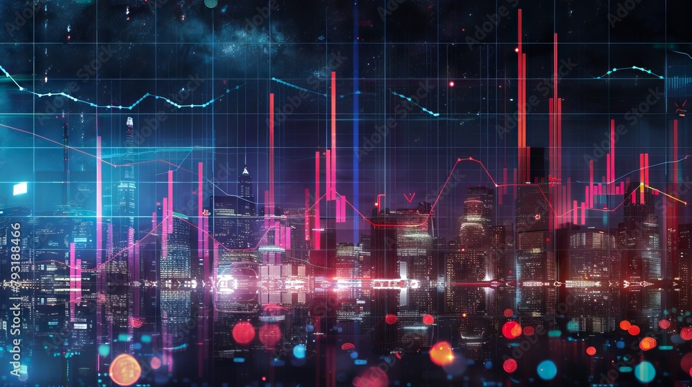 Poster neon skyline and data analytics visualization. cityscape bathed in radiant neon and data overlays. c