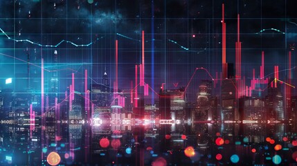 Neon skyline and data analytics visualization. Cityscape bathed in radiant neon and data overlays. Concept of big data, urban development, smart technology, and financial forecasting.