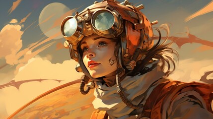 A digital artwork of a female steampunk pilot wearing goggles and aviator gear, gazing upwards with a hopeful expression