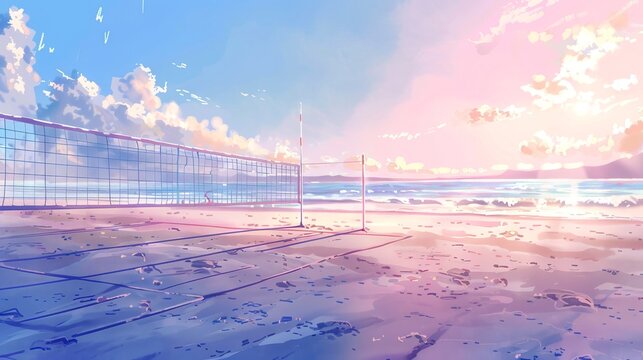 Watercolor art of Volleyball court on white sandy beach with clear waters and blue purple sky. Beach sports setup. Concept of outdoor activities, tropical leisure sports, ocean-side recreation