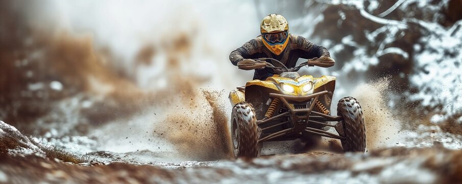 ATV rider racing through a muddy terrain