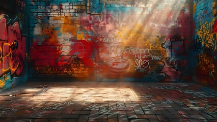 Colorful graffiti on a brick wall with layers of tags in sunlight. Concept Graffiti Art, Urban Photography, Street Art, Colorful Wall, Sunlit Scene - obrazy, fototapety, plakaty