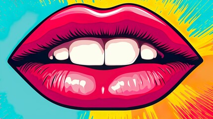Pop art style with a powerful explosive yellow and blue background amplifying the vivid red lips and teeth