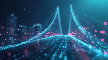 Fototapeta na wymiar A luminous bridge connects two data points over a digitally rendered city, representing secure network transactions. , natural light, soft shadows, with copy space