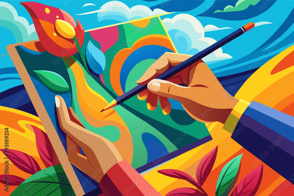 Poster a close-up of a student's hand holding a paintbrush, creating a vibrant masterpiece on a canvas.