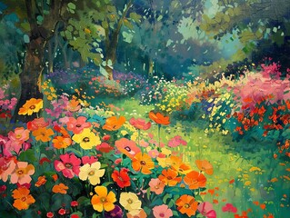 A beautiful painting of a garden in full bloom. The colors are vibrant and the flowers are varied. The garden is full of life and beauty.