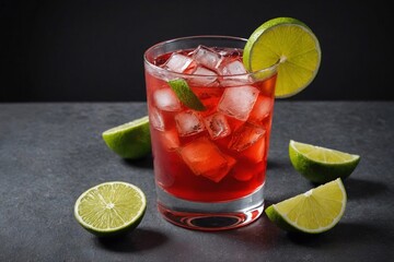 Red mixed drinks garnished with a wedge of lime