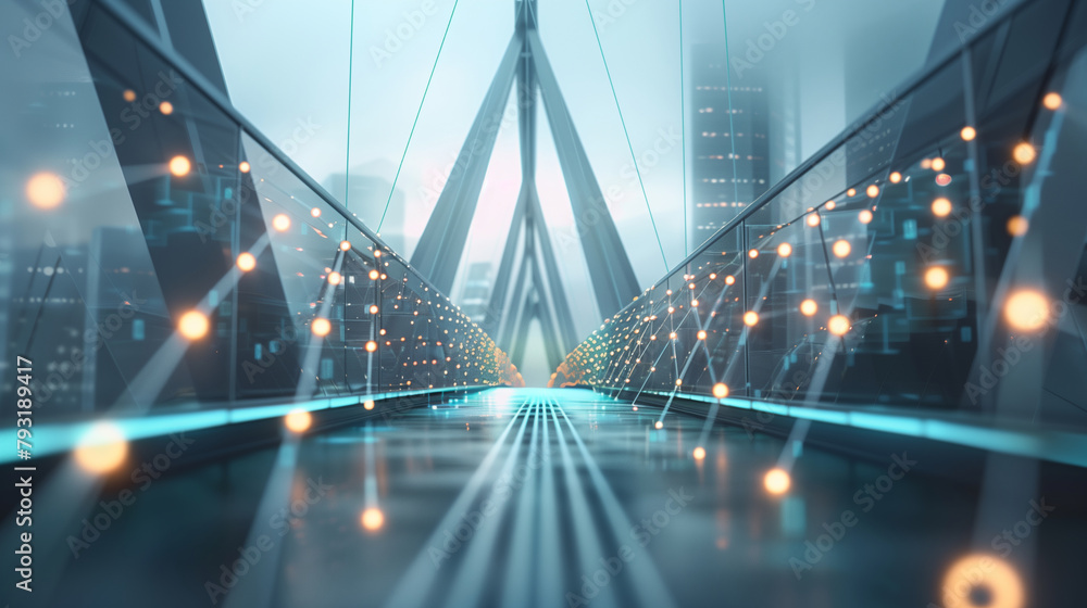 Poster a modern bridge linking two technological towers, highlighting efficient and secure data communicati