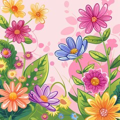 A cartoon image of a garden with a variety of flowers.