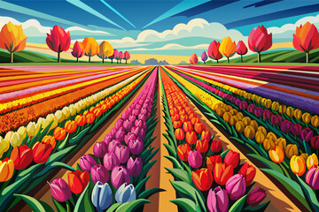 A close-up of a tulip field in springtime, with rows of vibrant colors stretching towards the horizon.