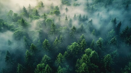 Morning coniferous forest in the fog from a bird's eye view. Oxygen from the eco-forest offsets carbon emissions by automating carbon offsetting projects 