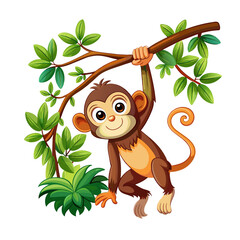 Cute baby monkey hanging on tree - obrazy, fototapety, plakaty