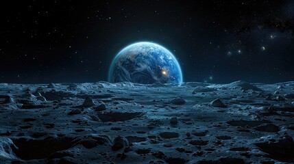 Beautiful planet Earth rising over the Moon, an iconic aerospace photograph of our blue planet. An iconic view of the Earth rising above the Moon. Our blue planet from the surface of the Moon. 