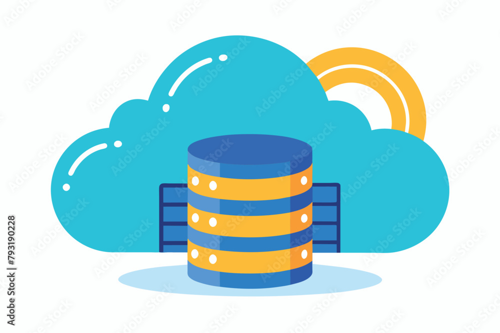 Poster yellow and blue stacks arranged with a cloud in the background, install cloud database for data secu