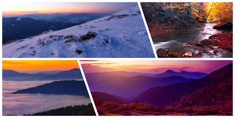 awesome collage from 4 image in the mountains, Europe, wonderful nature scenery	