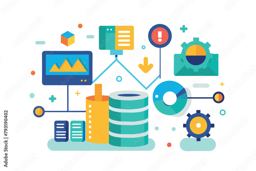 Poster flat design featuring various icons and a computer on a minimalist background, install data set icon