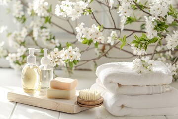 Spa bathroom scene with toiletries, soap, and towel on soft white background for serene ambiance
