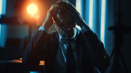 Worried Businessman with Hands on Head Contemplating Challenges