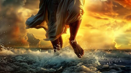 Jesus walks on water during a storm at sea waves ocean miracle