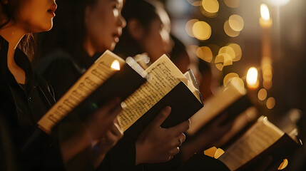 A group of believers singing hymns during a church service, - obrazy, fototapety, plakaty