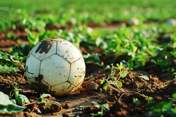 A soccer ball smeared in mud on a melon field in summer, close-up.