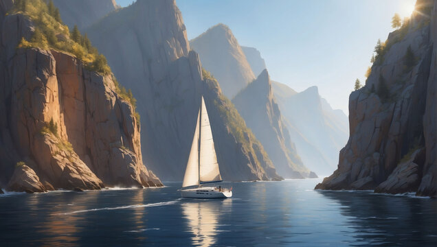 A Relaxed Scene of a Sailboat Gracefully Navigating Peaceful Waters Near Rocky Cliffs, Illuminated by Sunlight.