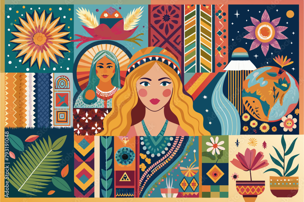 Poster a collage template with a bohemian style, featuring colorful textiles and patterns