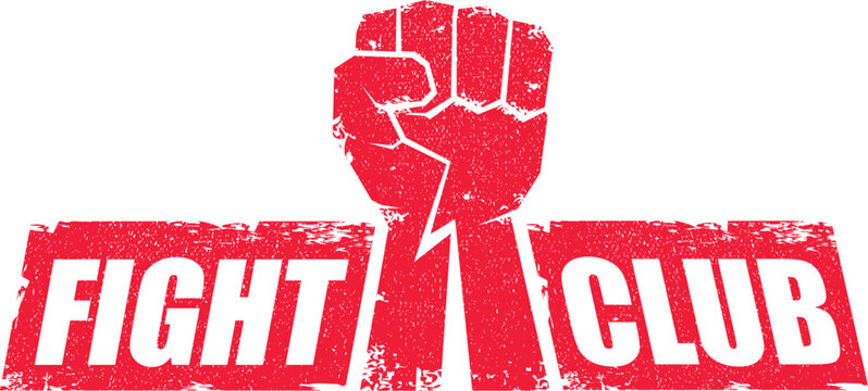 fight club vector red logo or label with grunge red man fist isolated on transparent white background. MMA Mixed martial arts concept design template. Fighting club label for print on tee